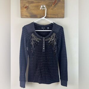 Miss Me Small Embellished / Beaded / Sequin Women’s Blouse Black & Grey Stripe